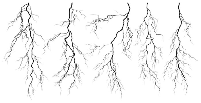Set of silhouettes of thunderstorm lightning.