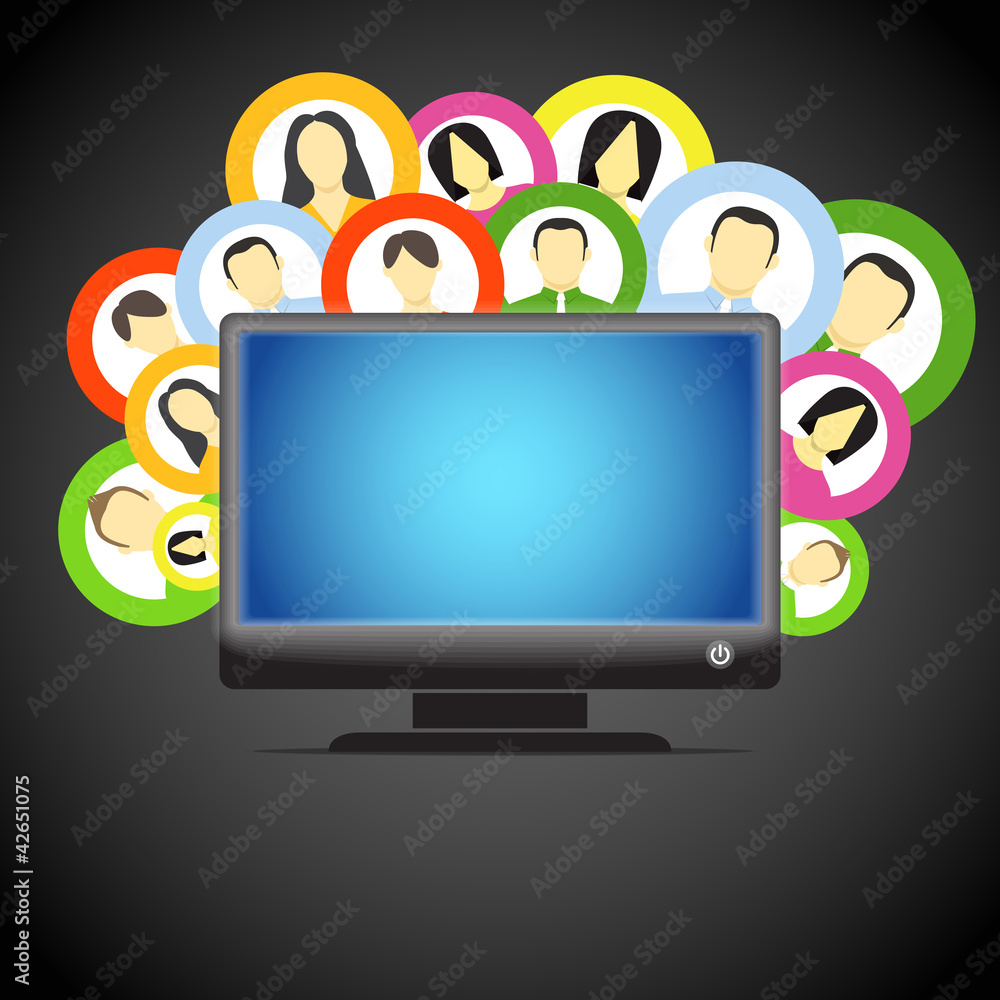 Poster glowing computer monitor and social media members icons