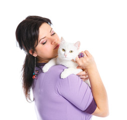 Young woman hold white cat.