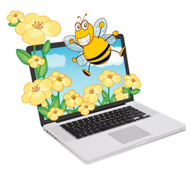 laptop and bee, flowers
