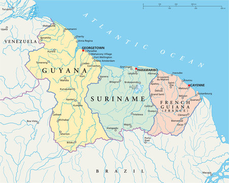 Guyana, Suriname and French Guiana political map with capitals Georgetown, Paramaribo and Cayenne, national borders, important cities, rivers and lakes. Illustration with English labeling. Vector.