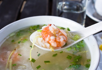 Traditional chinese porridge rice gruel in bowl, congee.
