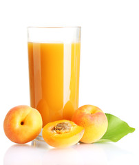 glass of apricot juice and apricots with leaf isolated on white