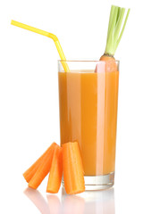 glass of carrot juice and fresh carrot isolated on white