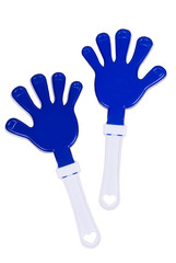 Two plastic toy hands for applause on white background
