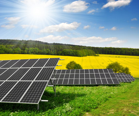 Solar energy panels against sunny sky