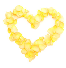 beautiful heart of orange rose petals isolated on white