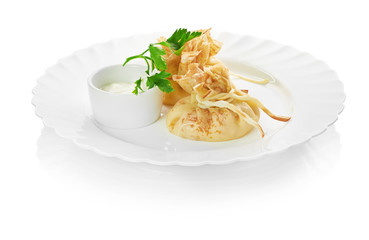 Fresh hot pancakes on a plate on a white background