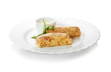 Fresh hot pancakes on a plate on a white background