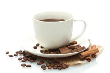 cup of coffee and beans, cinnamon sticks and chocolate isolated