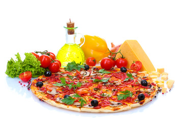 delicious pizza and vegetables isolated on white.