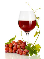 glass of wine and ripe grapes isolated on white
