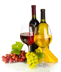 bottles and glasses of wine, cheese and ripe grapes isolated