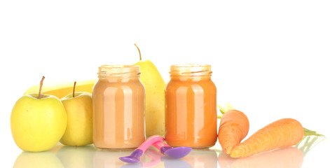 Jars with fruit and vegetables baby food and fruits and