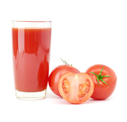 Tomatoes juice and group from tomatoes on white