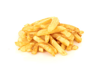 a pile of french fries on a white background