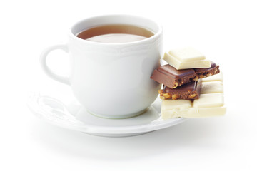 bar of chocolate and tea  isolated on white