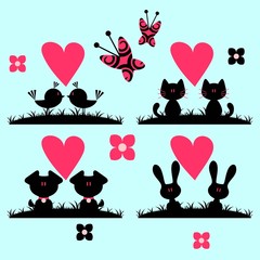A set of cute animals in love