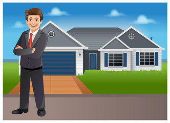 Young businessman/ property dealer standing in front of a house