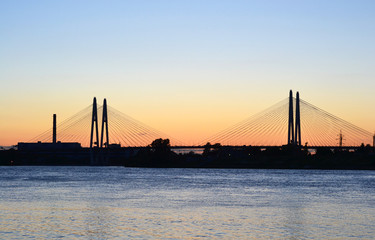 View of cable-stayed bridge after sunset