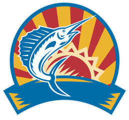 Sailfish Jumping Sunburst Woodcut Retro