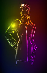 Hand-drawn fashion model from a neon. A light girl's
