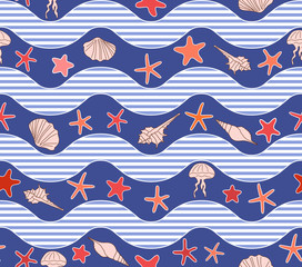 seamless pattern with waves, stars, jellyfish and seashells