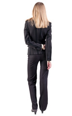 back view of standing beautiful blonde  business woman.