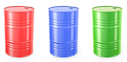 Three single red barrels, red, green and blue