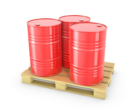 Three red barrels on a pallet