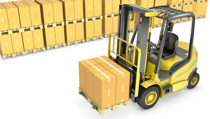 Yellow fork lift truck with stack of carton boxes