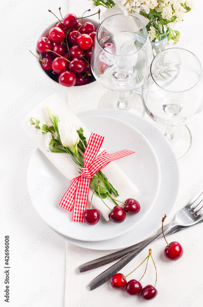 Sticker decoration with fresh flowers and sweet cherry