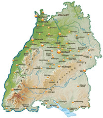 Landkarte von Baden-Württemberg mit Schummerung - obrazy, fototapety, plakaty