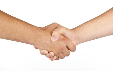Shaking hands of two male people isolated