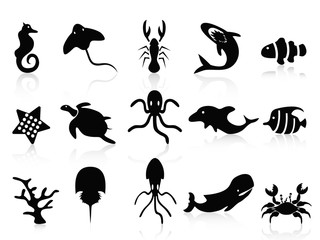 black sea life icons set