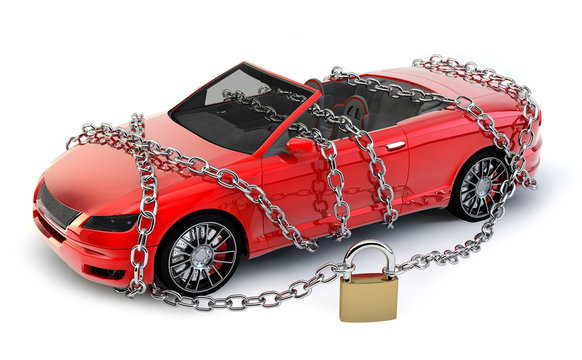 Car protected wrapped with chain and lock