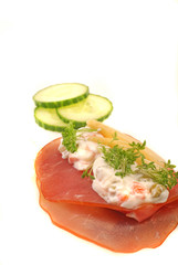 smoked ham danish open sandwich, or smoerbroed isolated on white