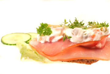 smoked ham danish open sandwich, or smoerbroed isolated on white