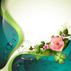 Background with flowers, butterfly and drops of water