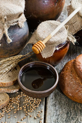 Composition of milk on the bread, the old background