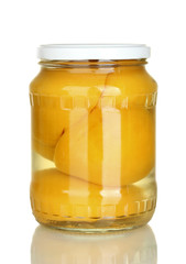 Jar of canned peaches isolated on white