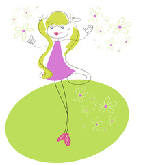 Little funny girl is on the green meadow of daisies