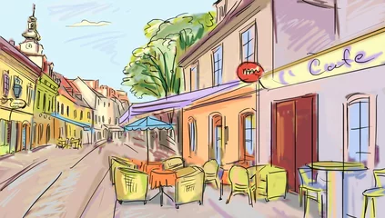 Papier Peint photo Café de rue dessiné Illustration de la vieille ville