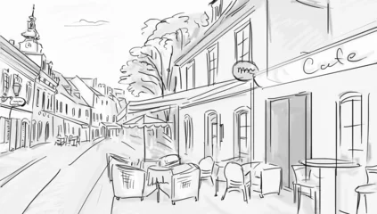 Crédence de cuisine en verre imprimé Café de rue dessiné Illustration de la vieille ville - croquis