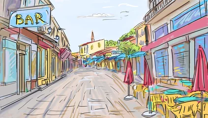 Foto op Plexiglas Tekening straatcafé Illustratie naar de oude stad