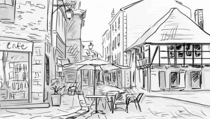 Cercles muraux Café de rue dessiné Illustration de la vieille ville - croquis