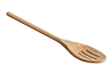 Slotted wooden spoon on white