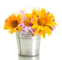 beautiful bouquet of bright wildflowers in bucket, isolated