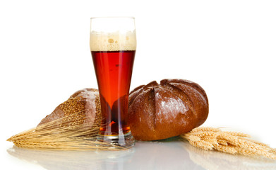 glass of kvass with bread isolated on white background