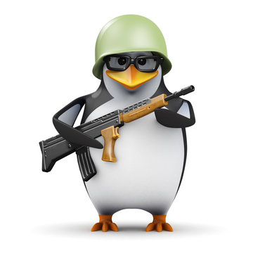 3d Penguin in glasses in combat with gun